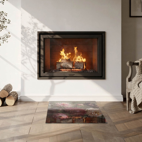 Square glass hearth for log burner Flower bouquet in detail