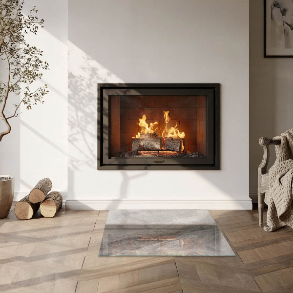 Square glass hearth for log burner Natural stone pattern