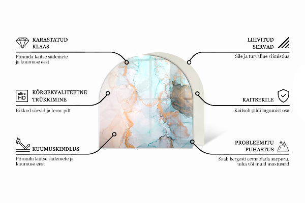 Half-oval glass hearth plate Marble pattern with veins