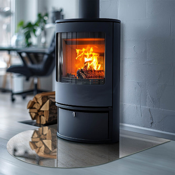 Half-oval tempered glass hearth Light wood texture