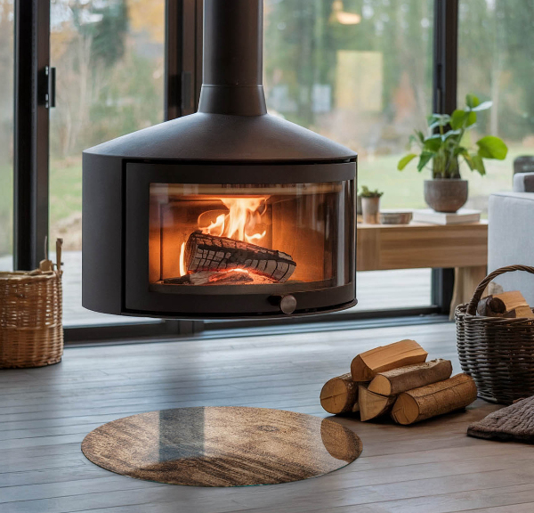 Round glass fire hearth Natural wood pattern