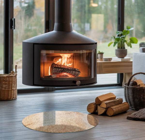 Round glass wood burner hearth Natural stone texture