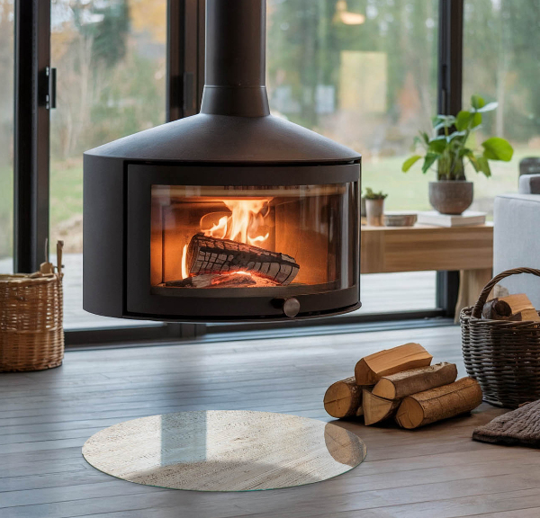 Round glass fire hearth Light wood texture