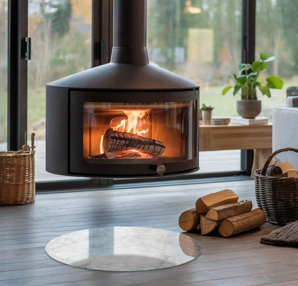 Round glass wood burner hearth Marble structure pattern