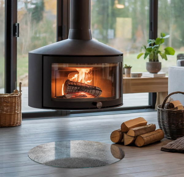 Round glass hearths for wood burners Raw surface texture