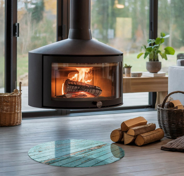Round glass wood burner hearth Rustic style boards