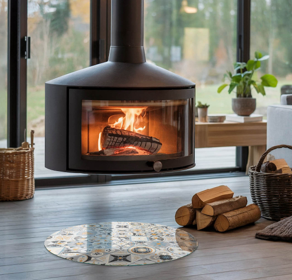 Round glass fire hearth Mosaic patterns in tiles