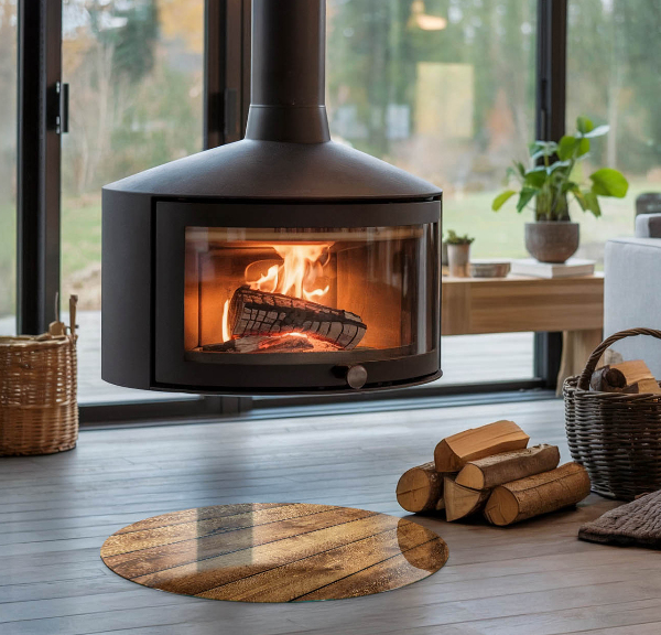 Round glass fire hearth Wooden board with grain