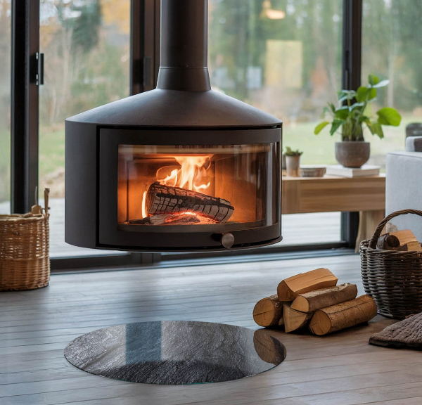Round glass fire hearth Stone surface texture