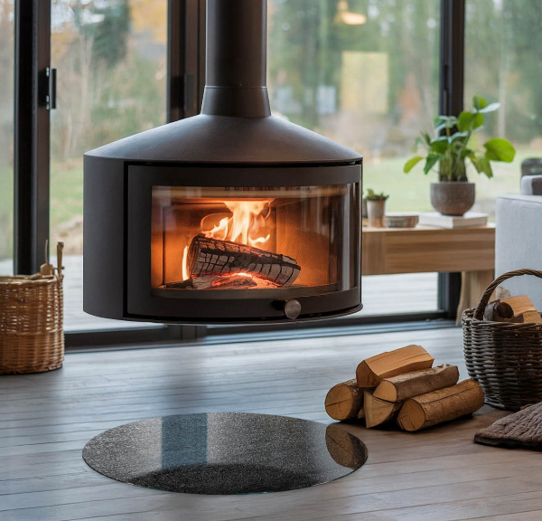 Round glass wood burner hearth Stone surface texture