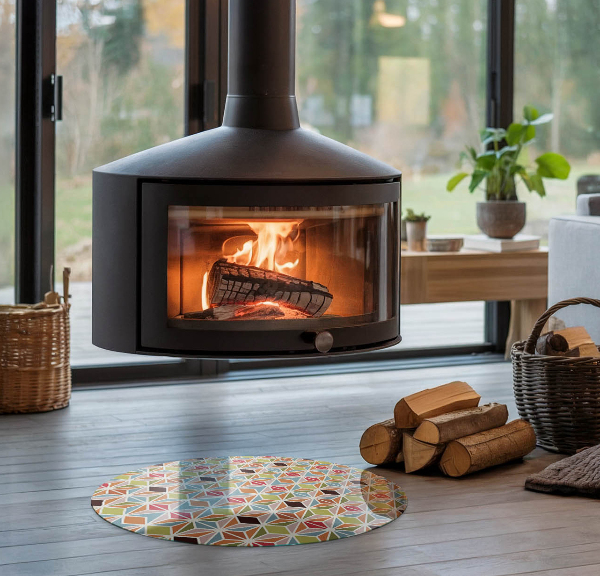Round glass hearths for wood burners Polygonal patterns in a grid