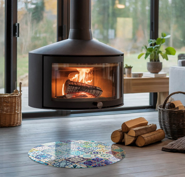 Round glass fire hearth Mosaic patterns on tiles