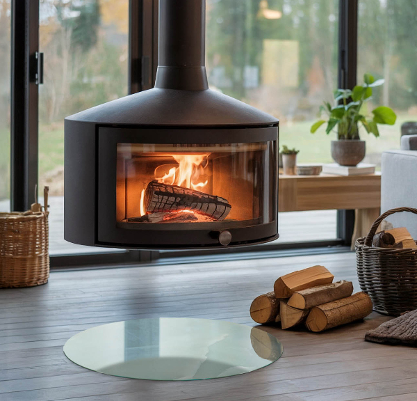 Round glass fire hearth Delicate marble pattern