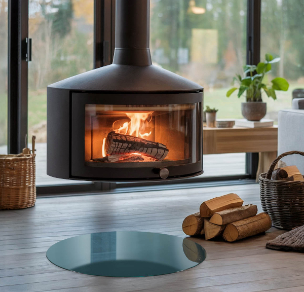 Round glass wood burner hearth Sea Color