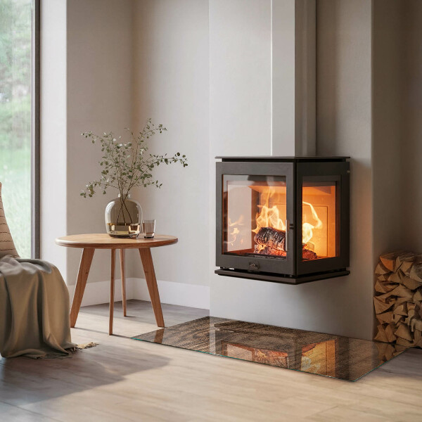 Rectangular glass hearth for log burner Natural wood pattern