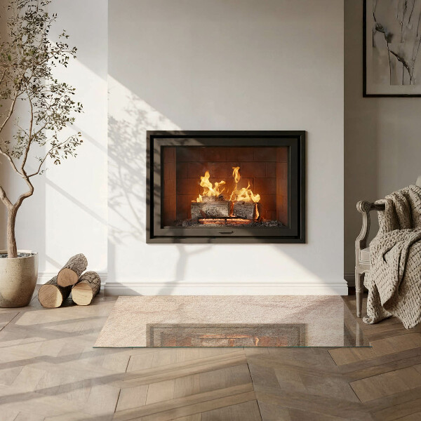 Rectangular glass hearth for wood stove Natural stone texture