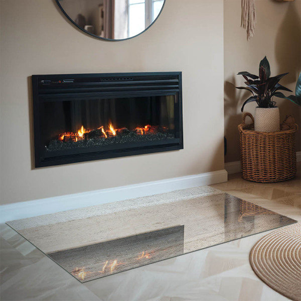 Rectangular glass hearth for log burner Light wood texture