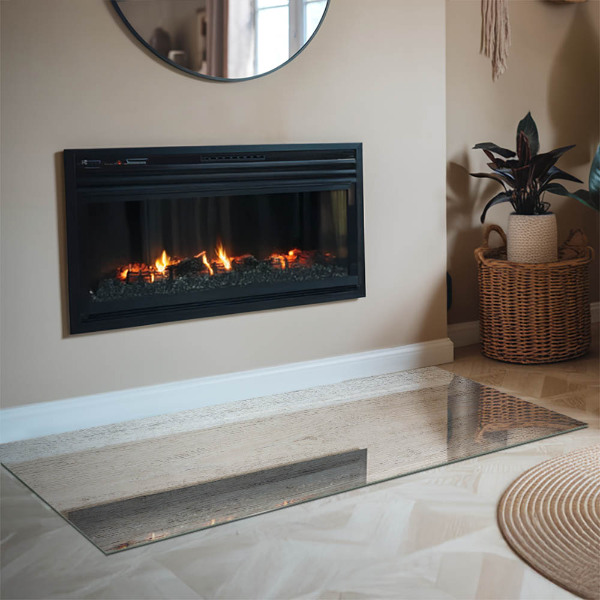 Rectangular glass hearth for log burner Light wood texture