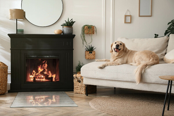 Rectangular glass hearth for log burner Light wood texture