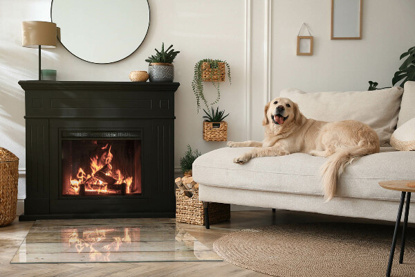 Rectangular glass hearth Wooden board in the layout