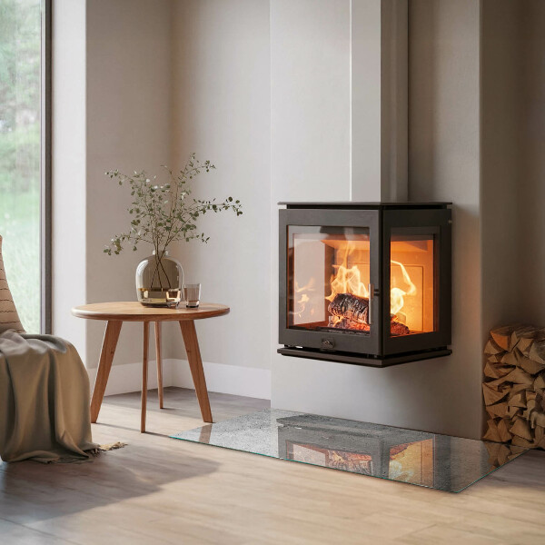 Rectangular glass hearth for wood stove Raw concrete texture