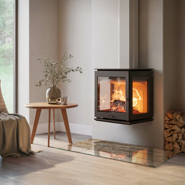 Rectangular glass hearth for log burner Texture of wooden boards
