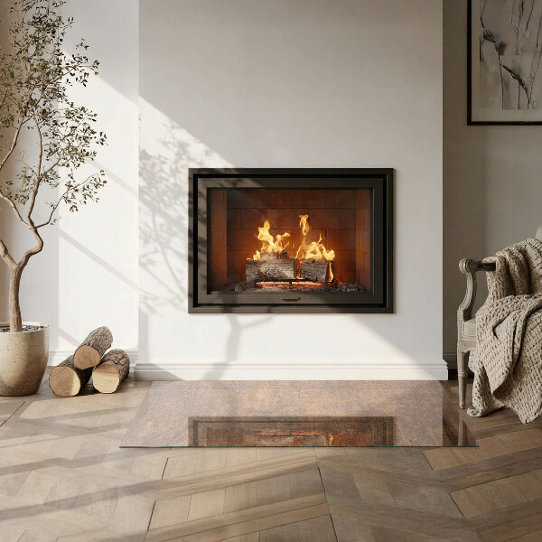 Rectangular glass hearth for log burner Rust texture on metal
