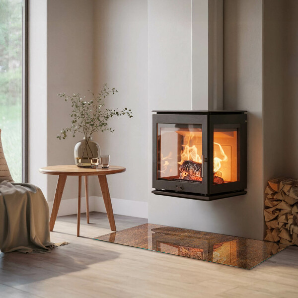 Rectangular glass hearth for log burner Rust texture on metal