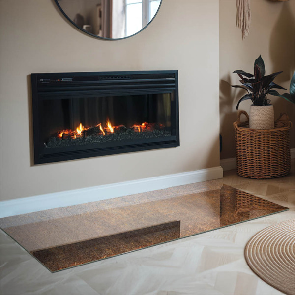 Rectangular glass hearth for log burner Rust texture on metal