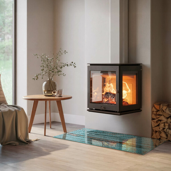 Rectangular glass hearth for wood stove Rustic style boards