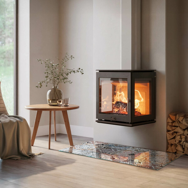 Rectangular glass hearth for wood stove Mosaic patterns in tiles