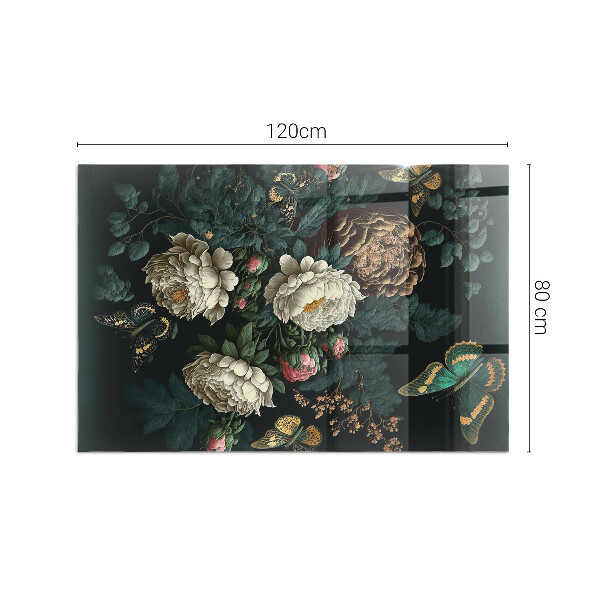 Rectangular glass hearth Floral pattern with butterflies