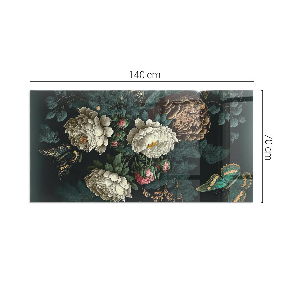Rectangular glass hearth Floral pattern with butterflies