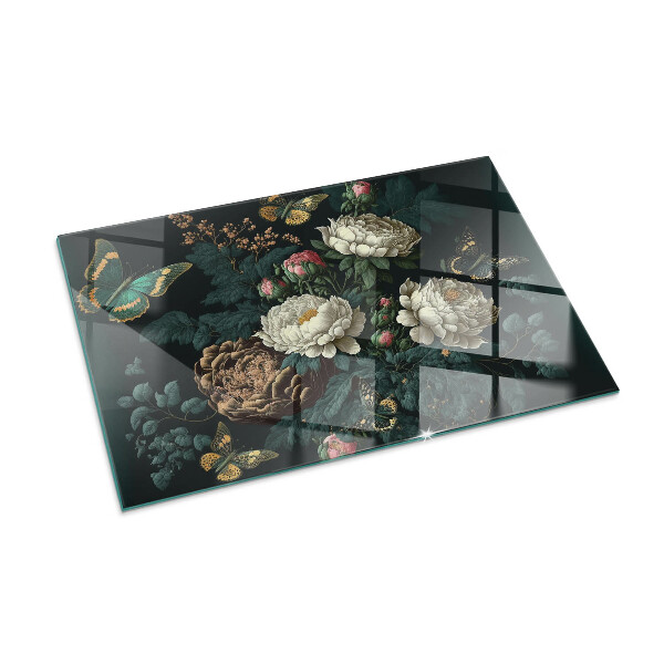 Rectangular glass hearth Floral pattern with butterflies