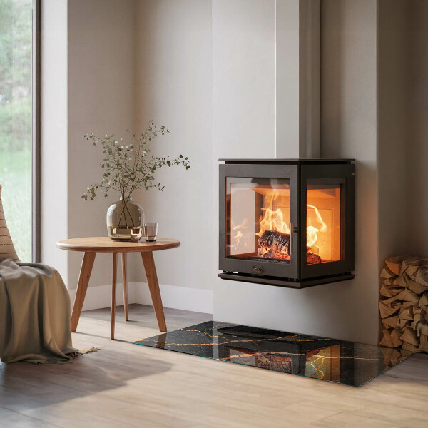 Rectangular glass hearth for log burner Elegant marble with veins