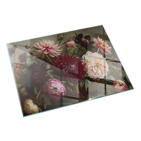 Rectangular glass hearth for log burner Flower bouquet in detail