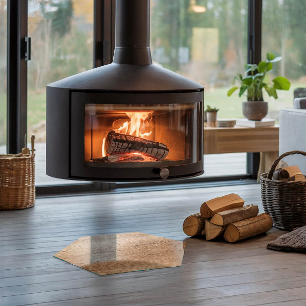 Hexagonal glass hearth for stove Natural wood pattern