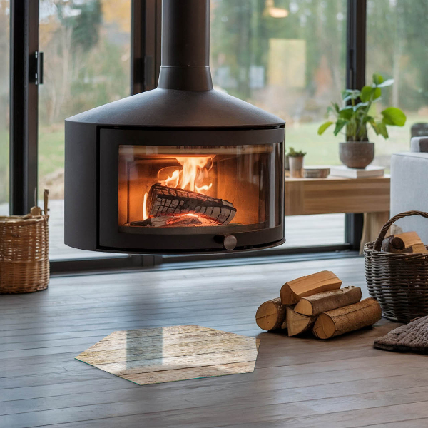 Hexagonal corner glass hearth Wooden board in the layout