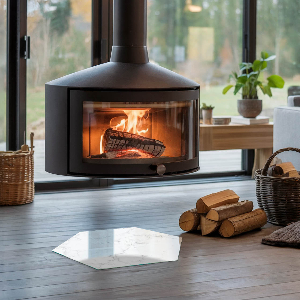 Hexagonal corner glass hearth Marble pattern with veins