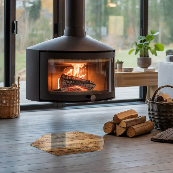 Hexagonal glass hearth pad Wooden board with grain