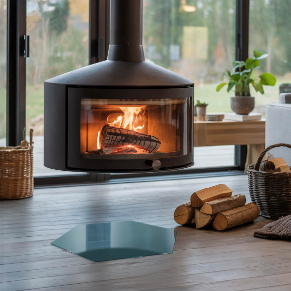 Hexagonal glass hearth for stove Sea Color