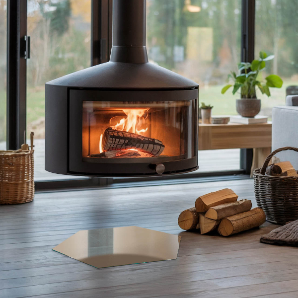 Hexagonal glass hearth for stove Color Brown