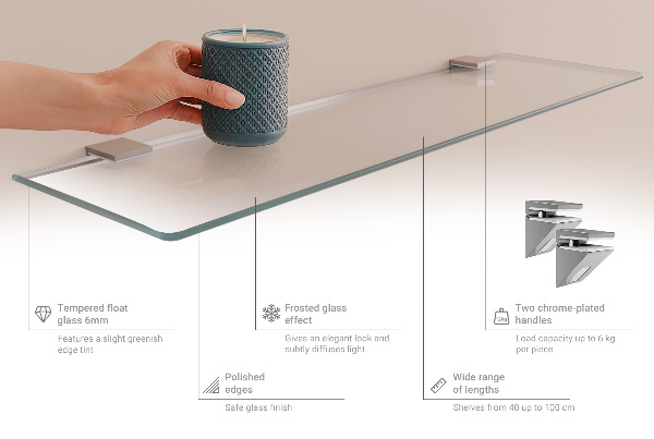 Translucent glass bath and shower shelf measuring 35 by 5 inches