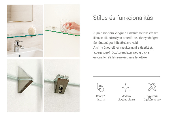 Wall-mounted glass bath shelf 70x13 cm