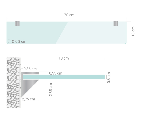 Wall-mounted glass bath shelf 70x13 cm