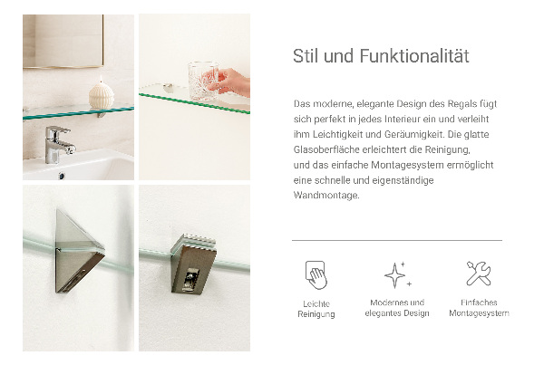 Floating glass shelf for bathroom 80x13 cm