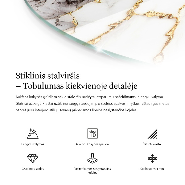 Round glass table top with print Veined marble pattern