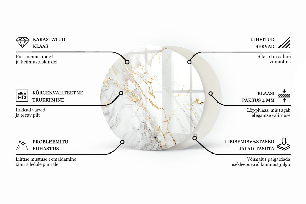 Round glass table top with print Marble texture motif