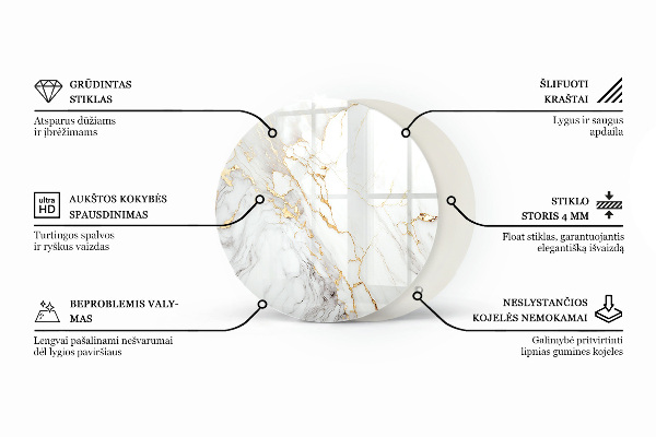 Round glass table top with print Marble texture motif