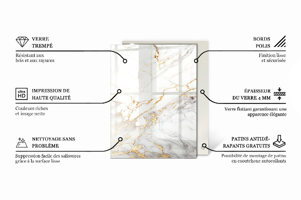 Rectangular glass table top with print Marble texture motif